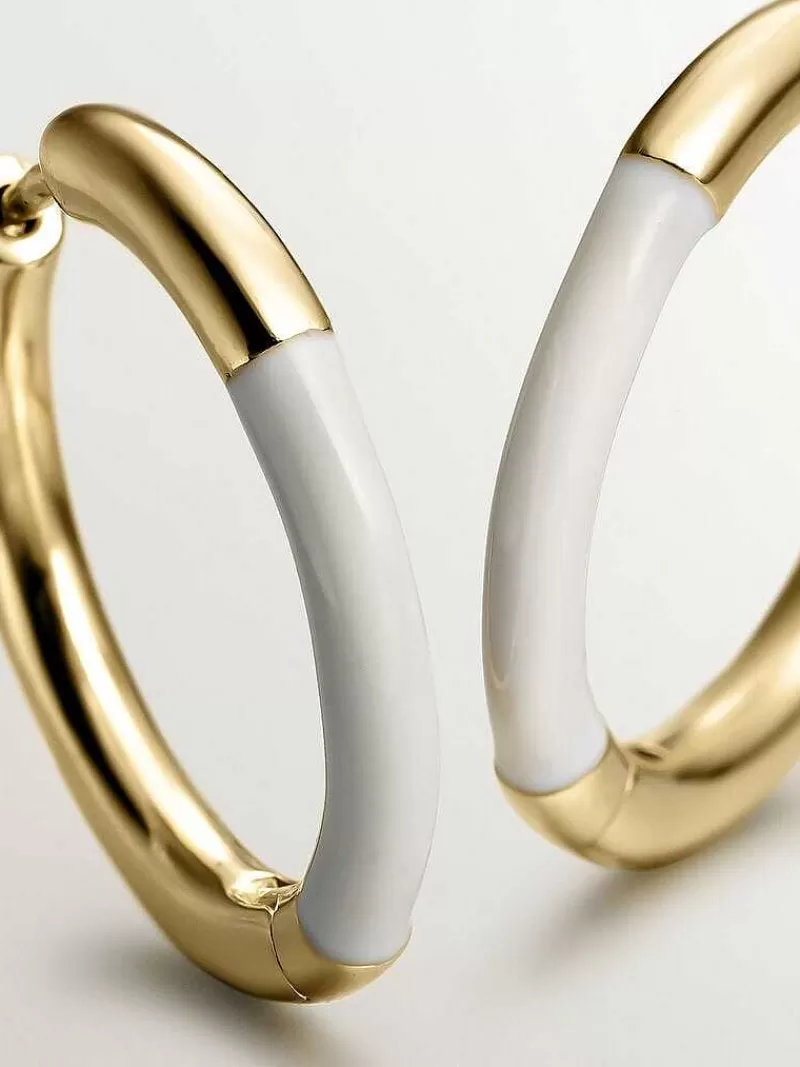 Aristocrazy Pendientes De Aro-Pendientes De Aro Mediano De Plata 925 Banada En Oro Amarillo De 18K Con Esmalte Blanco
