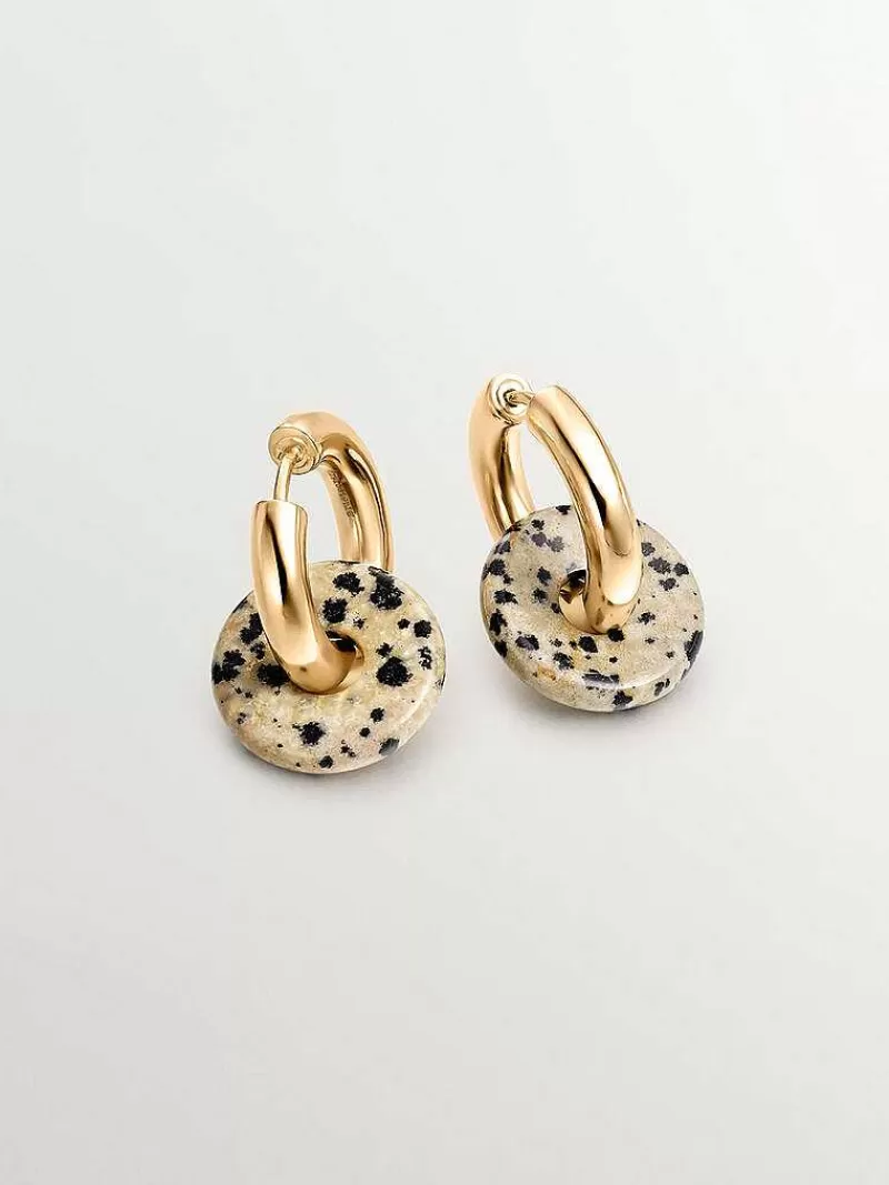Aristocrazy Pendientes De Plata-Pendientes De Aro Mediano De Plata 925 Banada En Oro Amarillo De 18K Con Jaspe Dalmata