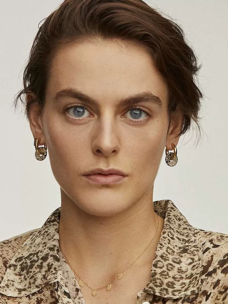 Aristocrazy Pendientes De Plata-Pendientes De Aro Mediano De Plata 925 Banada En Oro Amarillo De 18K Con Jaspe Dalmata