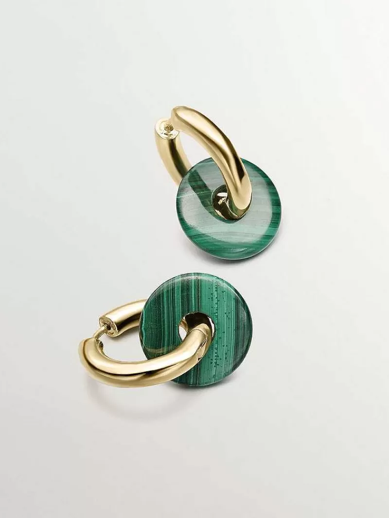 Aristocrazy Pendientes De Plata-Pendientes De Aro Mediano De Plata 925 Banada En Oro Amarillo De 18K Con Malaquita Verde