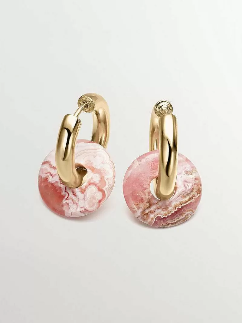 Aristocrazy Pendientes De Plata-Pendientes De Aro Mediano De Plata 925 Banada En Oro Amarillo De 18K Con Rodocrosita Rosa