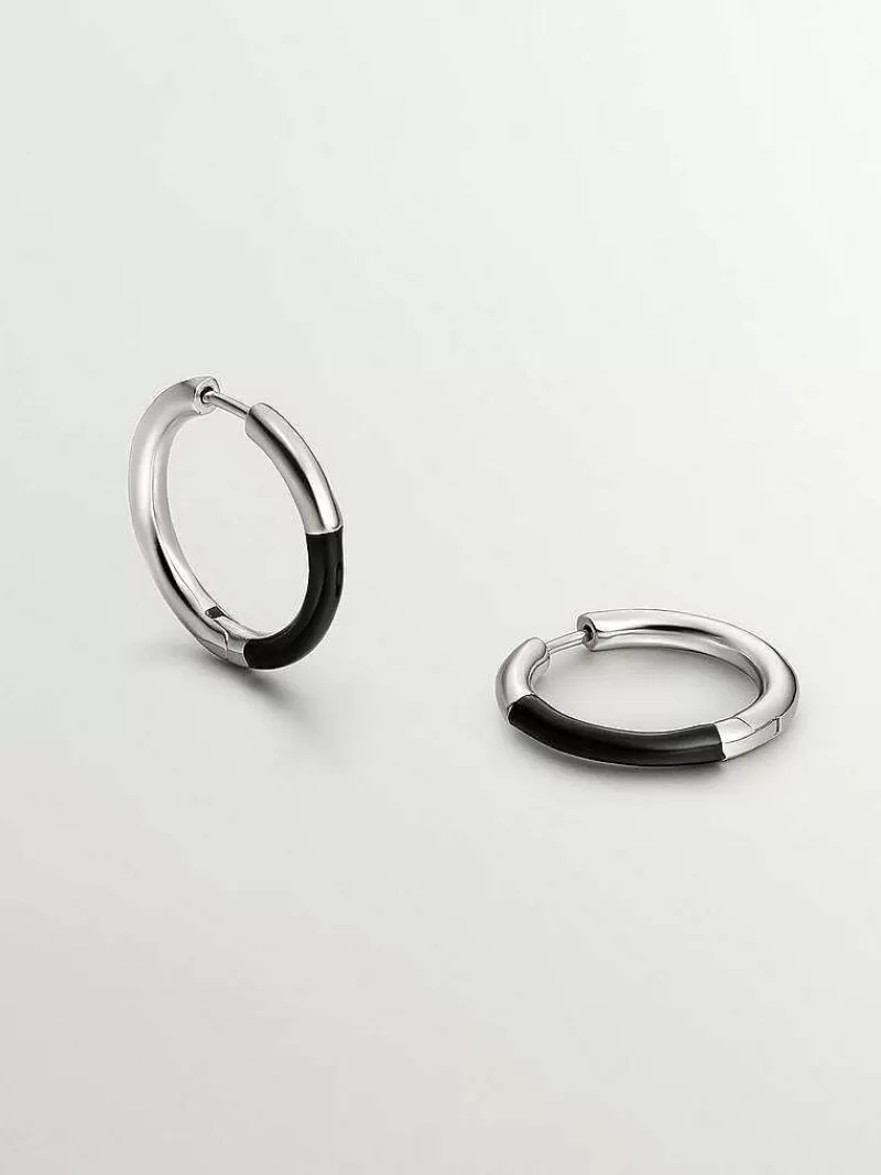 Aristocrazy Pendientes De Aro-Pendientes De Aro Mediano De Plata 925 Con Esmalte Negro
