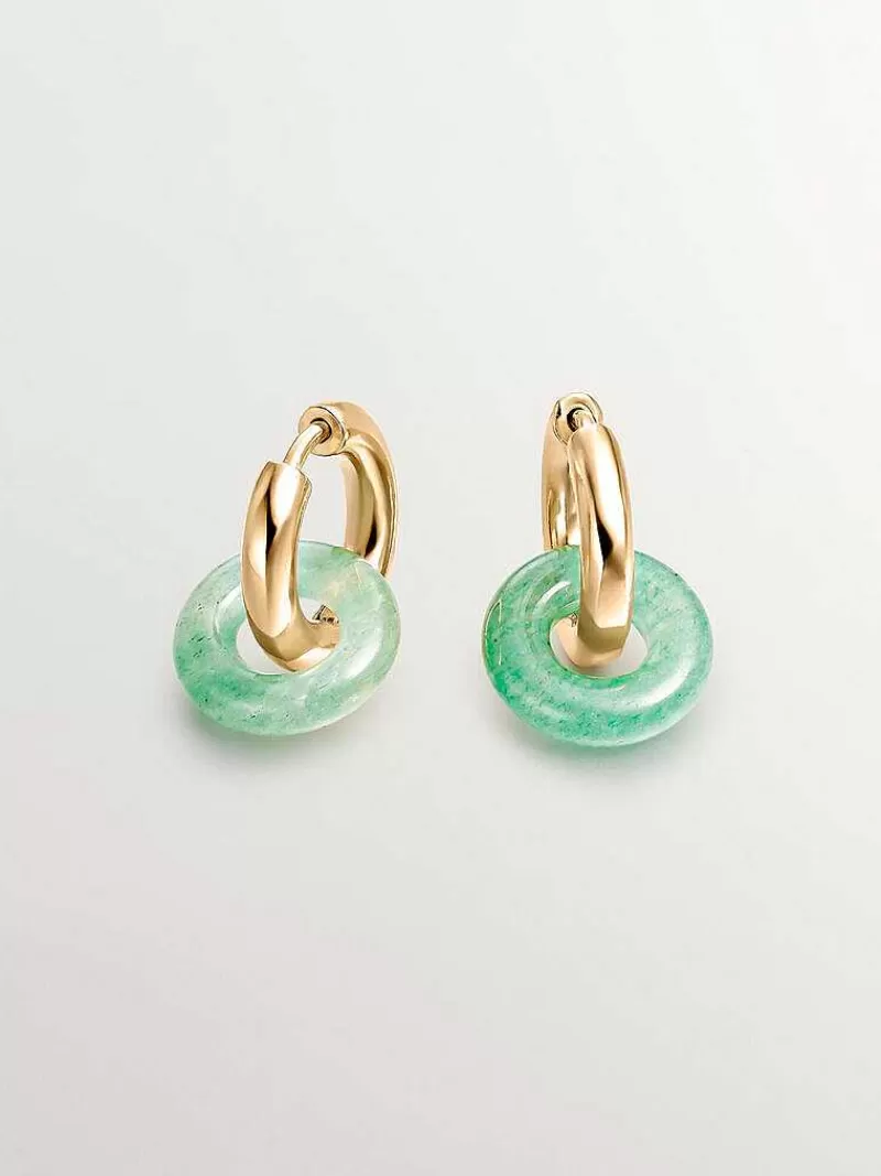 Aristocrazy Pendientes De Plata-Pendientes De Aro Medianos De Plata 925 Banada En Oro Amarillo De 18K Con Aventurina Verde