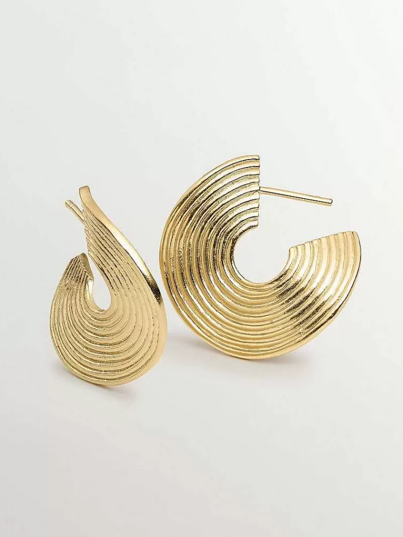 Aristocrazy Pendientes De Plata-Pendientes De Aro Medianos De Plata 925 Banada En Oro Amarillo De 18K Con Relieve Y Forma Irregular