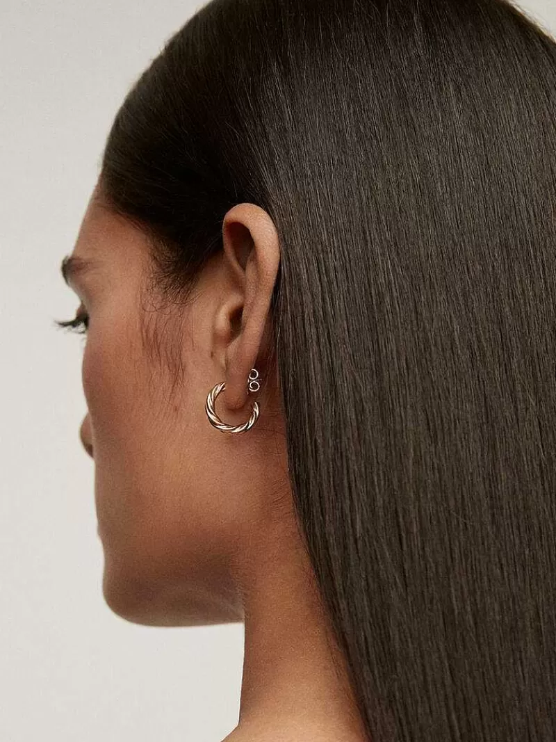Aristocrazy Pendientes De Aro-Pendientes De Aro Medianos De Plata 925 Banada En Oro Amarillo De 18K Con Textura Gallonada