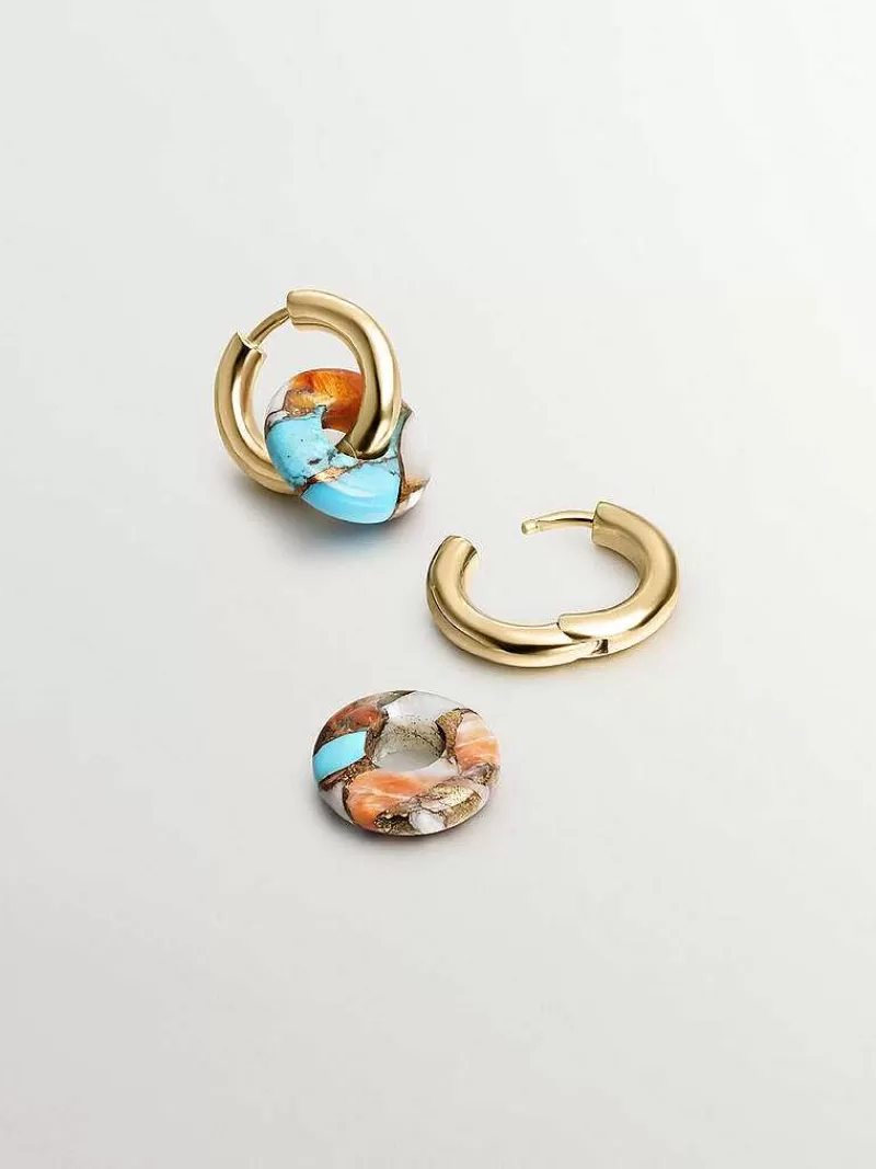 Aristocrazy Pendientes De Plata-Pendientes De Aro Medianos De Plata 925 Banada En Oro Amarillo De 18K Con Turquesa Multicolor