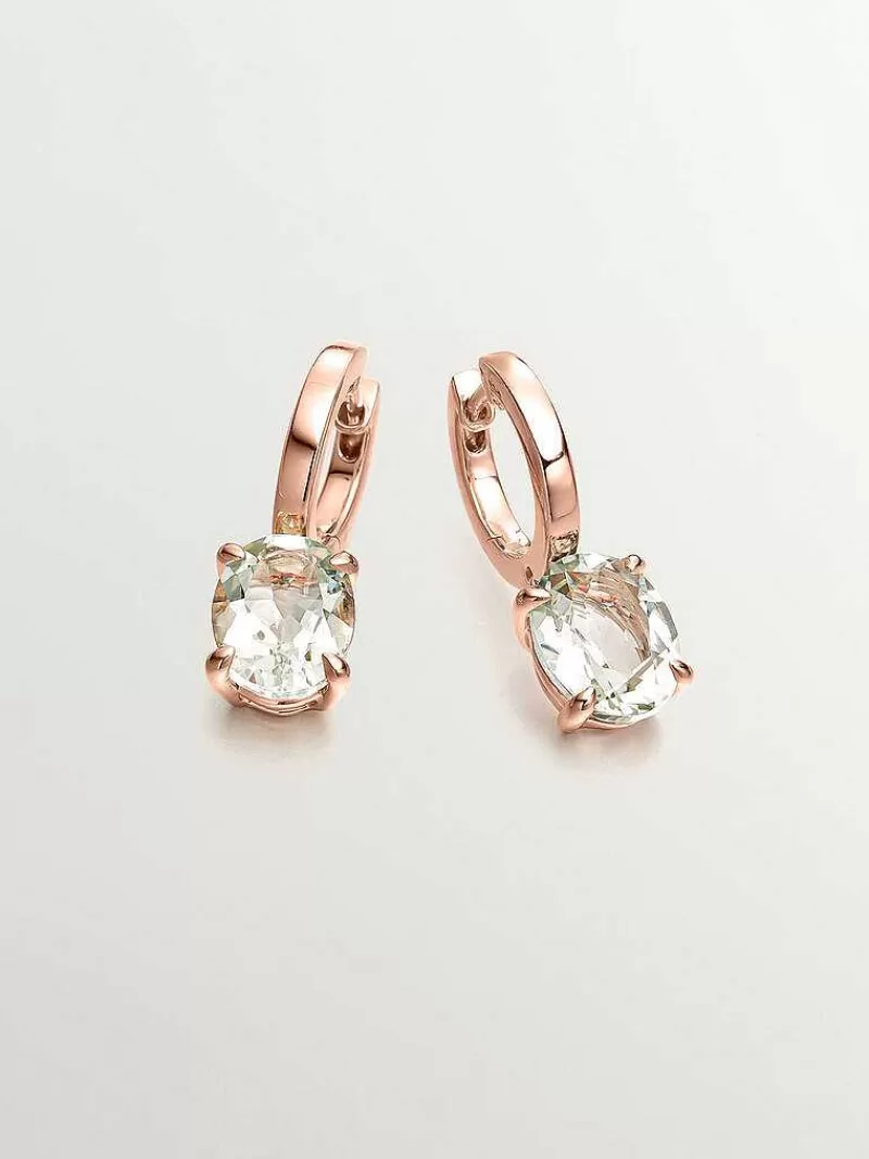 Aristocrazy Pendientes De Plata-Pendientes De Aro Medianos De Plata 925 Banada En Oro Rosa De 18K Con Cuarzo Verde