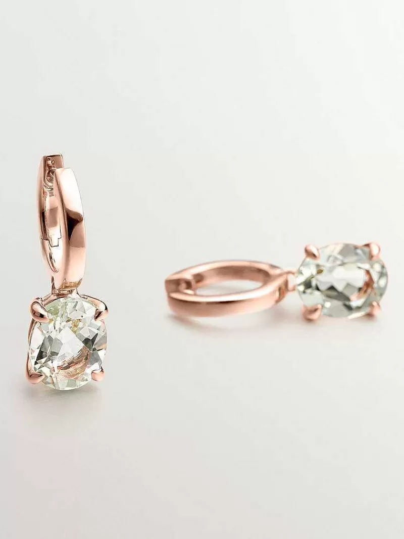 Aristocrazy Pendientes De Plata-Pendientes De Aro Medianos De Plata 925 Banada En Oro Rosa De 18K Con Cuarzo Verde