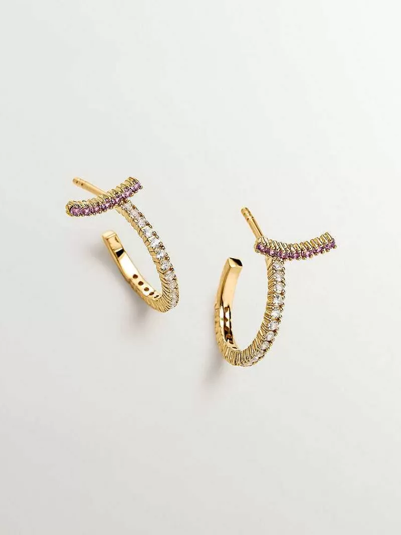 Aristocrazy Pendientes De Aro-Pendientes De Aro Pequenos De Plata 925 Banada En Oro Amarillo De 18K Con Topacios Blancos Y Rodolitas Rosas