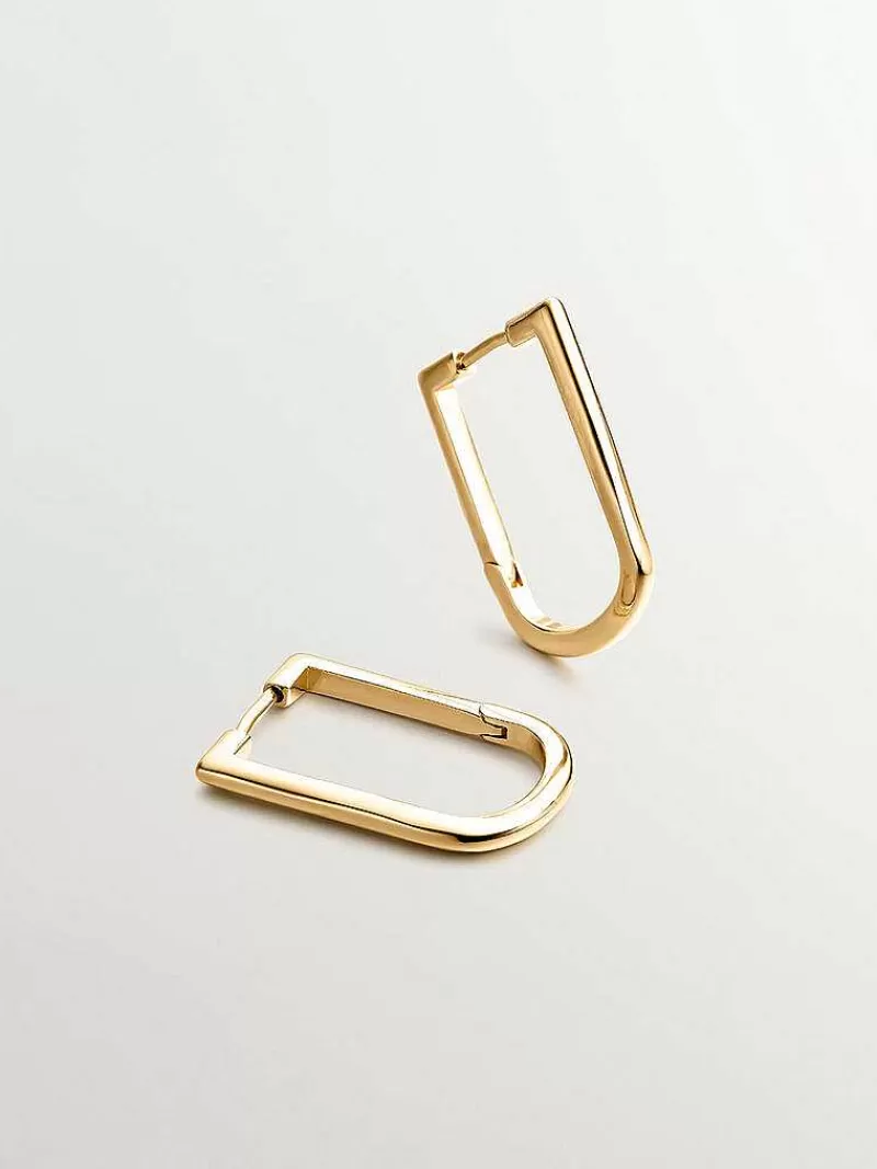 Aristocrazy Joyas Personalizadas-Pendientes De Aro Semi Rectangular De Plata 925 Banada En Oro Amarillo De 18K