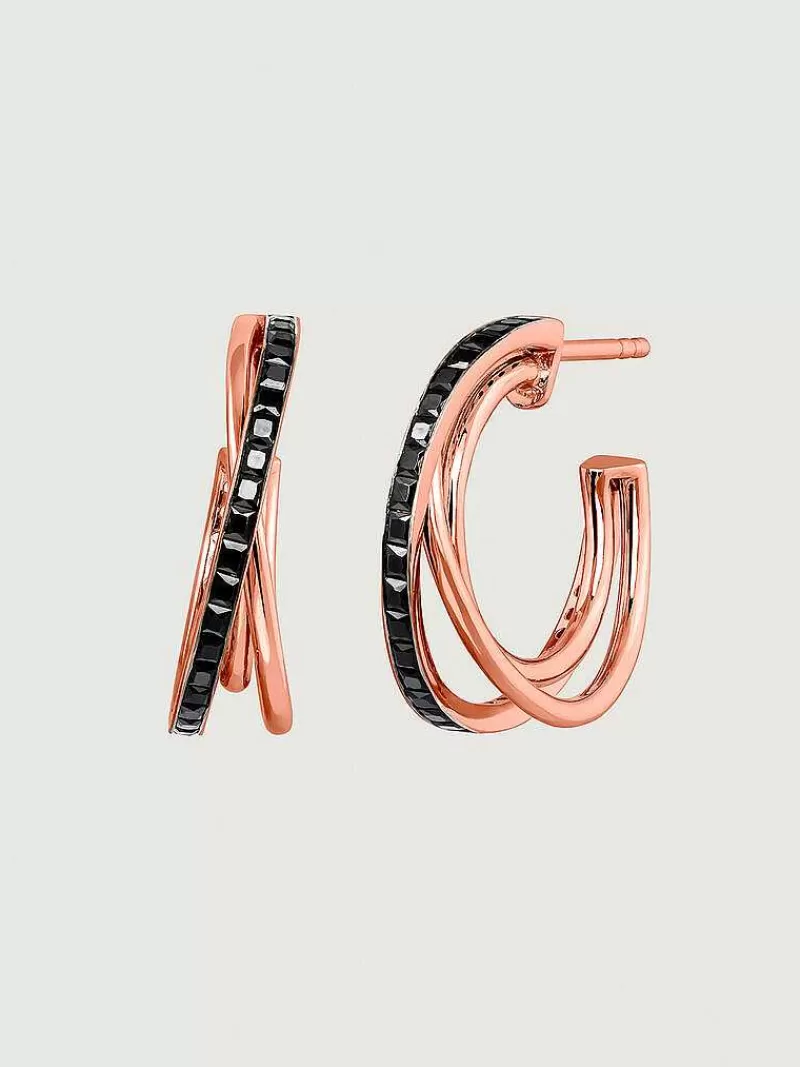 Aristocrazy Pendientes De Aro-Pendientes De Aro Triple De Plata 925 Banada En Oro Rosa De 18K Con Espinelas Negras
