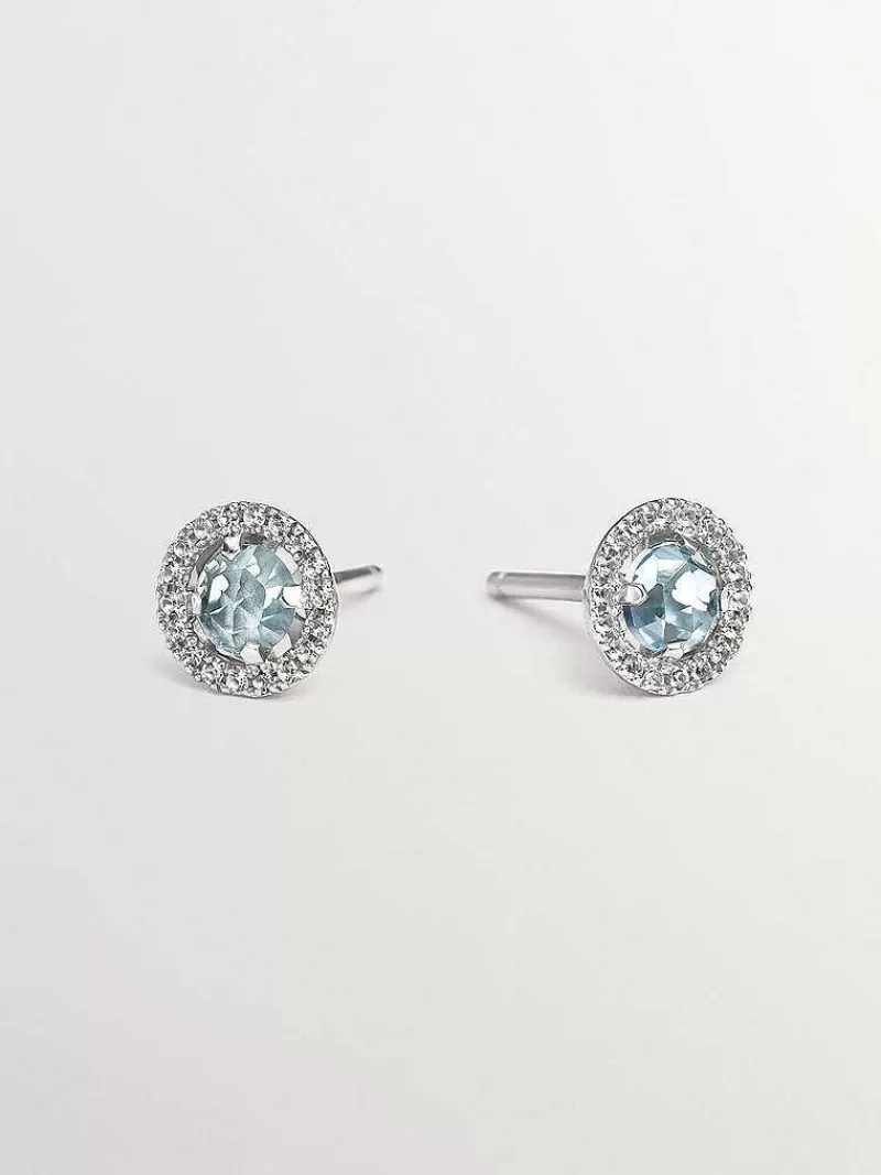 Aristocrazy Piercings De Plata-Pendientes De Boton De Plata 925 Cos Topacio Azul 0,82 Cts Y Orla De Zafiros Blancos