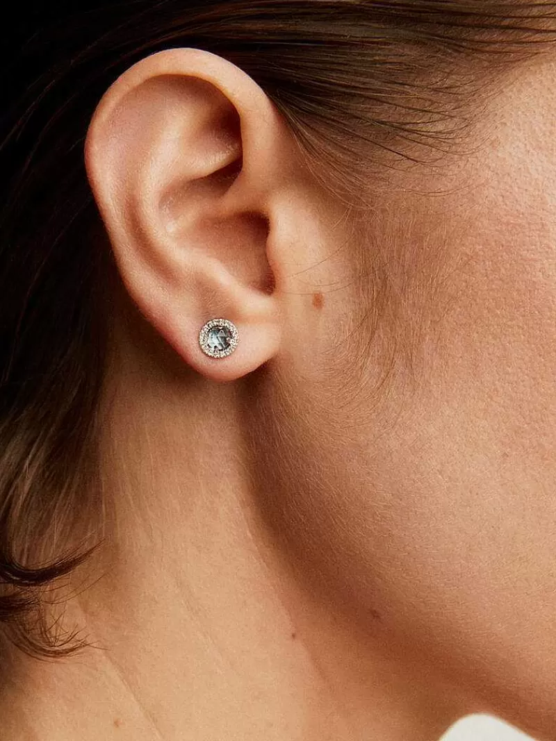 Aristocrazy Piercings De Plata-Pendientes De Boton De Plata 925 Cos Topacio Azul 0,82 Cts Y Orla De Zafiros Blancos