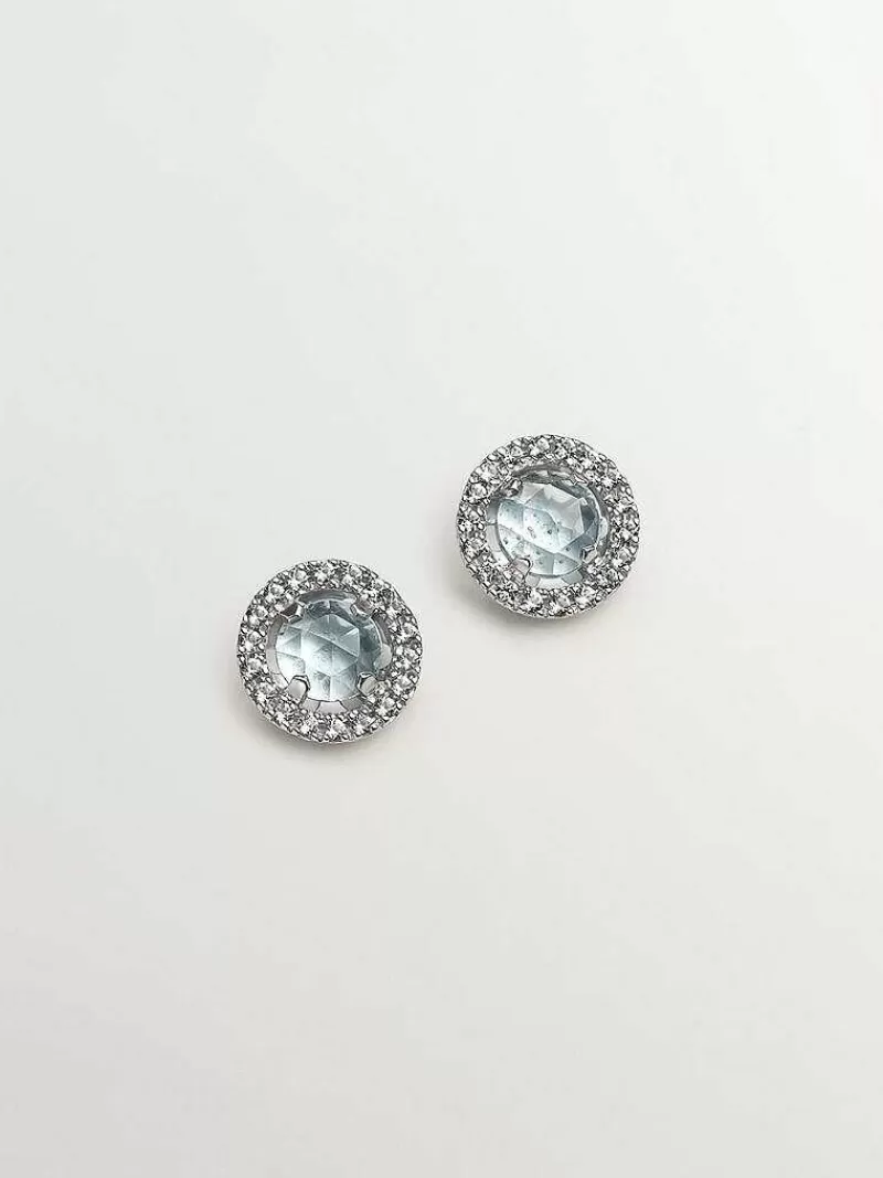 Aristocrazy Piercings De Plata-Pendientes De Boton De Plata 925 Cos Topacio Azul 0,82 Cts Y Orla De Zafiros Blancos