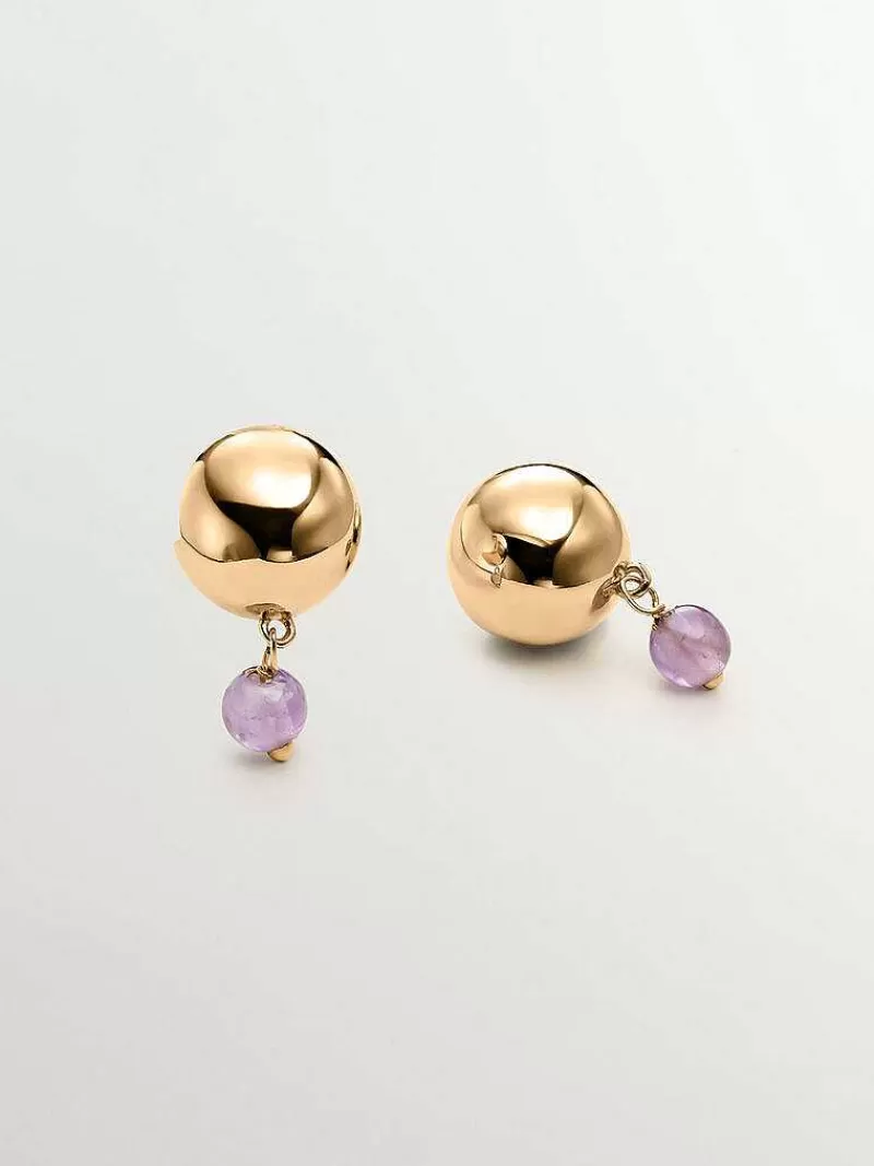 Aristocrazy Pendientes De Plata-Pendientes De Plata 925 Banada En Oro Amarillo De 18K Con Amatista Morada