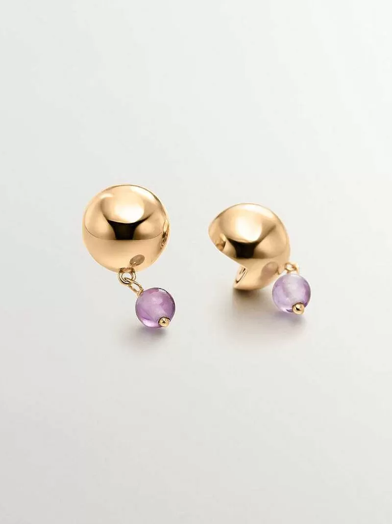 Aristocrazy Pendientes De Plata-Pendientes De Plata 925 Banada En Oro Amarillo De 18K Con Amatista Morada