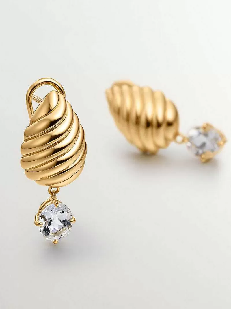 Aristocrazy Pendientes De Plata-Pendientes De Plata 925 Banada En Oro Amarillo De 18K Con Cuarzos Blancos Y Textura Gallonada