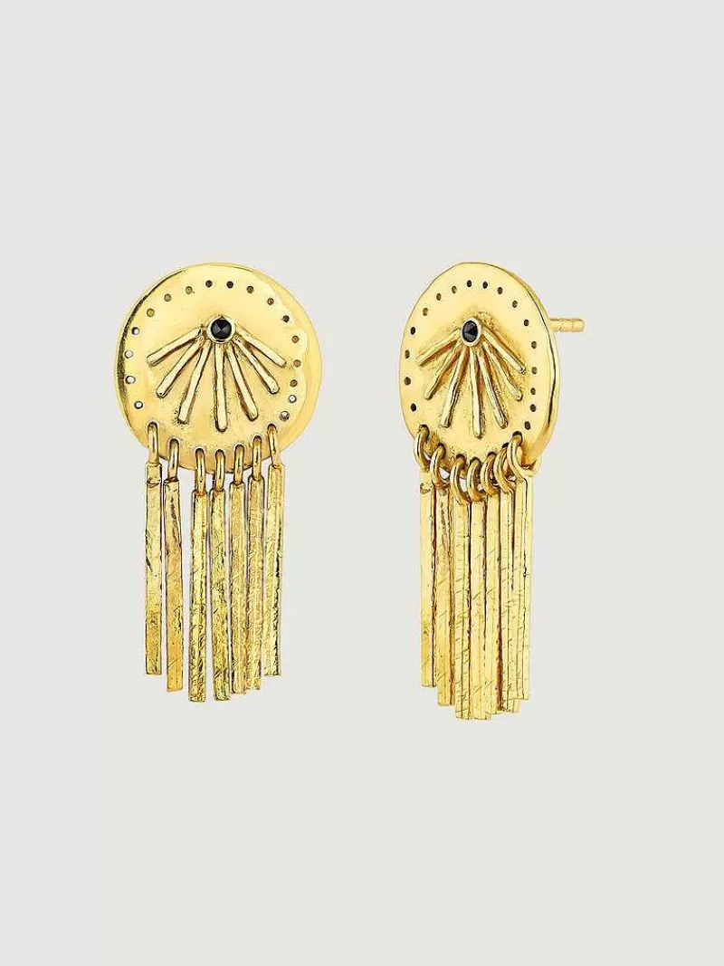 Aristocrazy Pendientes De Plata-Pendientes De Plata 925 Banada En Oro Amarillo De 18K Con Espinelas Negras Y Motivos Etnicos