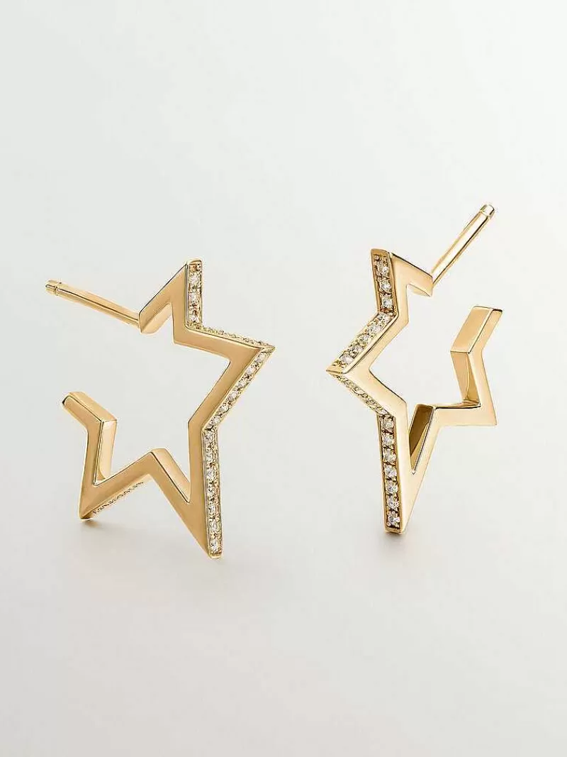Aristocrazy Pendientes De Aro-Pendientes De Plata 925 Banada En Oro Amarillo De 18K Con Forma De Estrella Y Topacios Blancos