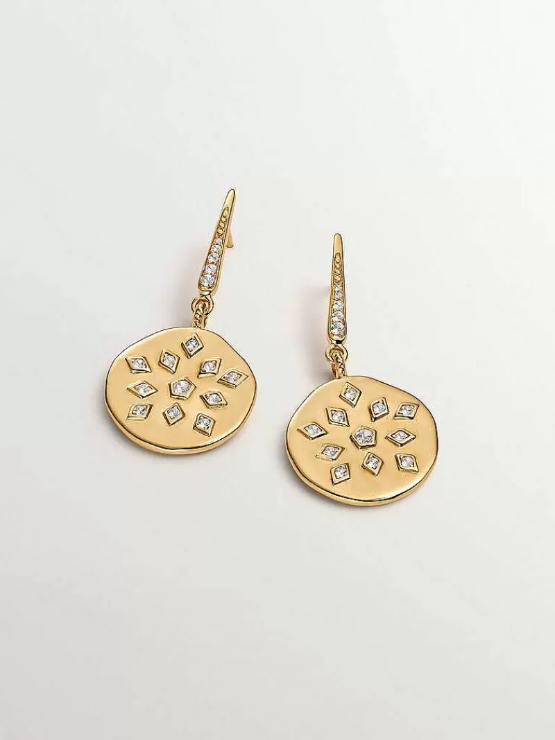 Aristocrazy Pendientes De Plata-Pendientes De Plata 925 Banada En Oro Amarillo De 18K Con Forma De Medalla Irregular Y Topacios Blancos