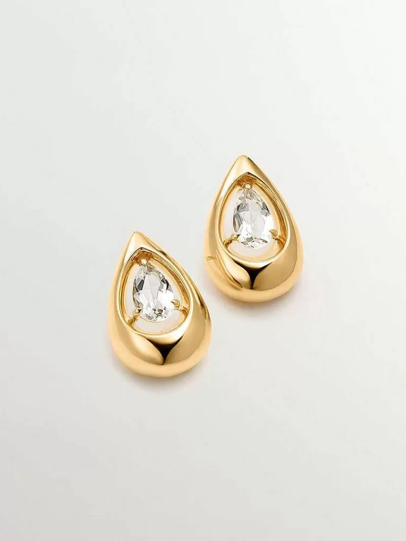 Aristocrazy Pendientes De Plata-Pendientes De Plata 925 Banada En Oro Amarillo De 18K Con Topacios Blancos