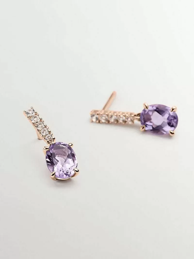 Aristocrazy Pendientes De Plata-Pendientes De Plata 925 Banada En Oro Rosa De 18K Con Amatista Morada Y Topacios Blancos