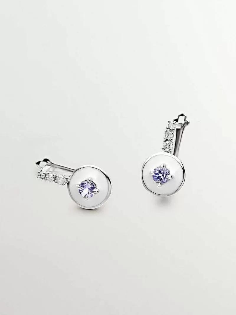Aristocrazy Pendientes De Plata-Pendientes De Plata 925 Con Tanzanitas Moradas, Diamantes Blancos Y Esmalte Blanco
