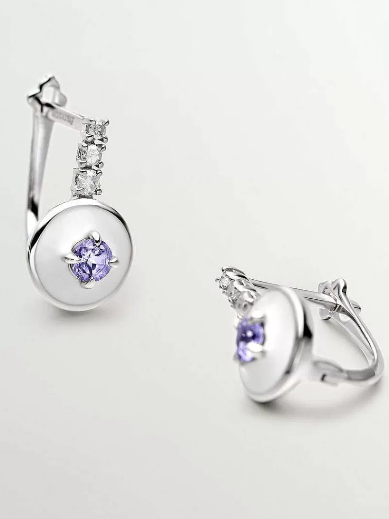 Aristocrazy Pendientes De Plata-Pendientes De Plata 925 Con Tanzanitas Moradas, Diamantes Blancos Y Esmalte Blanco