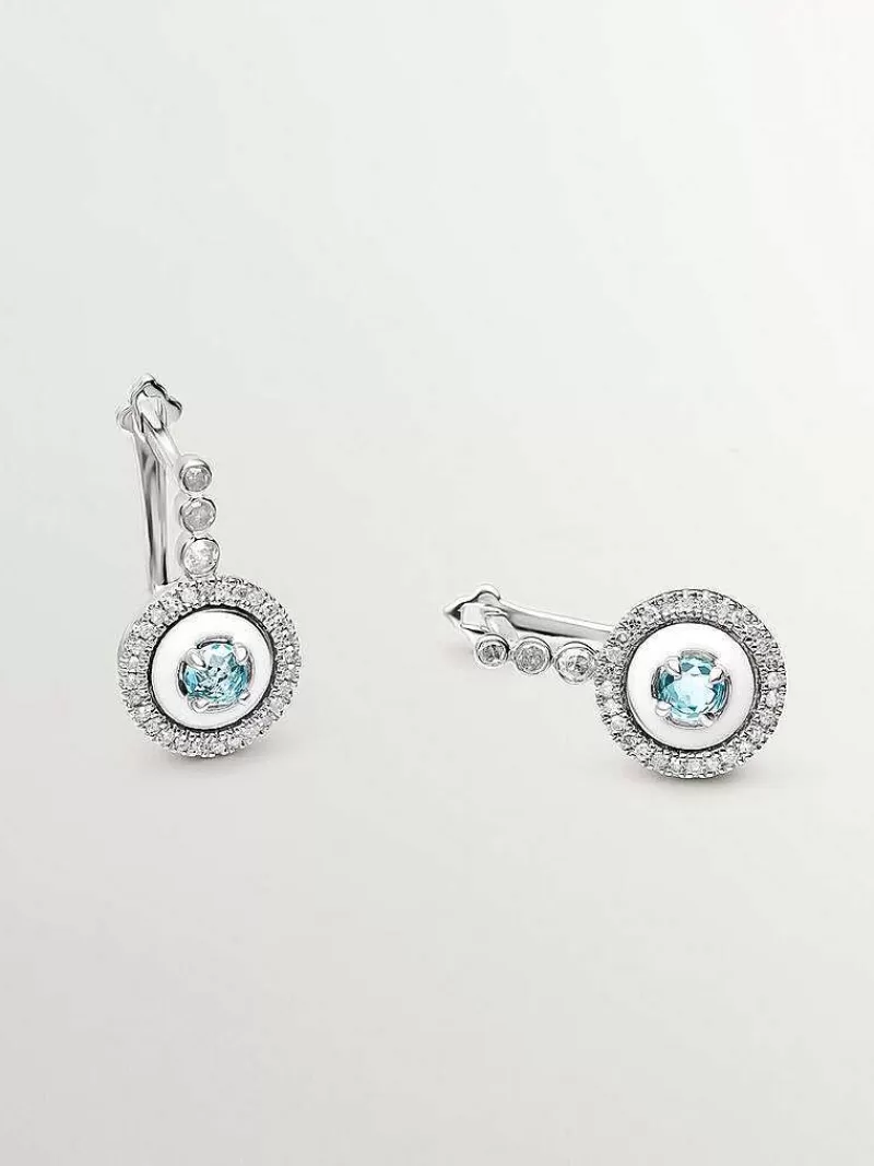 Aristocrazy Pendientes De Plata-Pendientes De Plata 925 Con Topacios Azul Swiss, Diamantes Blancos Y Esmalte Blanco
