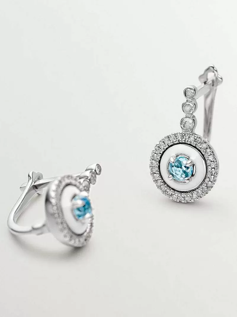 Aristocrazy Pendientes De Plata-Pendientes De Plata 925 Con Topacios Azul Swiss, Diamantes Blancos Y Esmalte Blanco