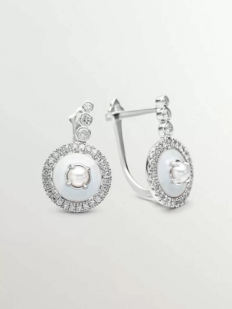 Aristocrazy Pendientes De Plata-Pendientes De Plata 925 Y Oro Blanco De 18K Con Perlas Blancas, Diamantes Blancos Y Esmalte Gris