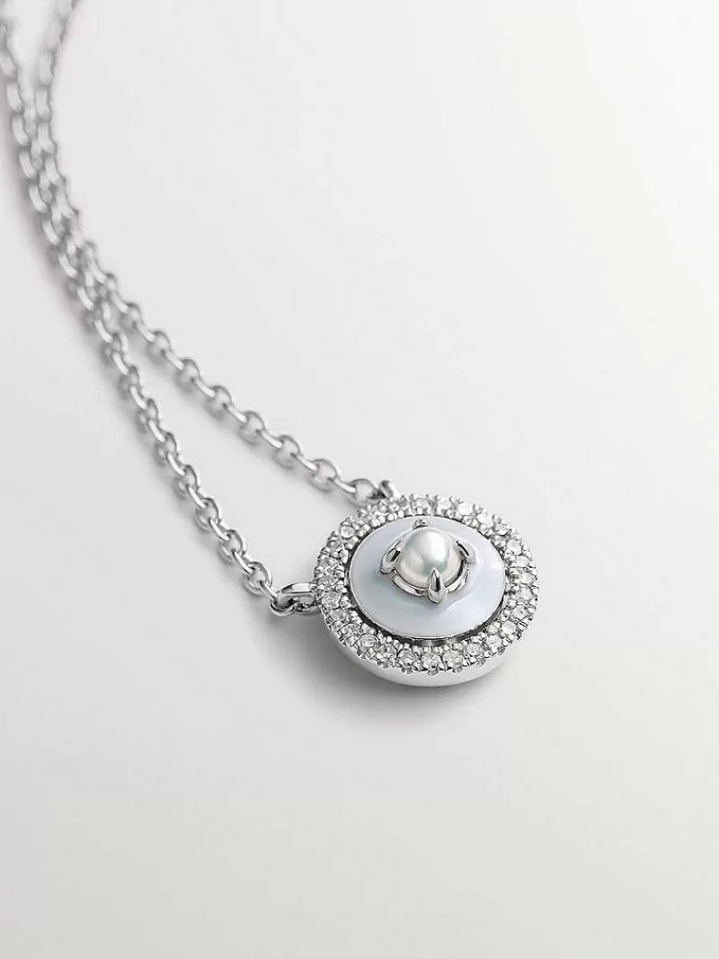 Aristocrazy Collares De Plata-Pendientes De Plata 925 Y Oro Blanco De 18K Con Perlas Blancas, Diamantes Blancos Y Esmalte Gris
