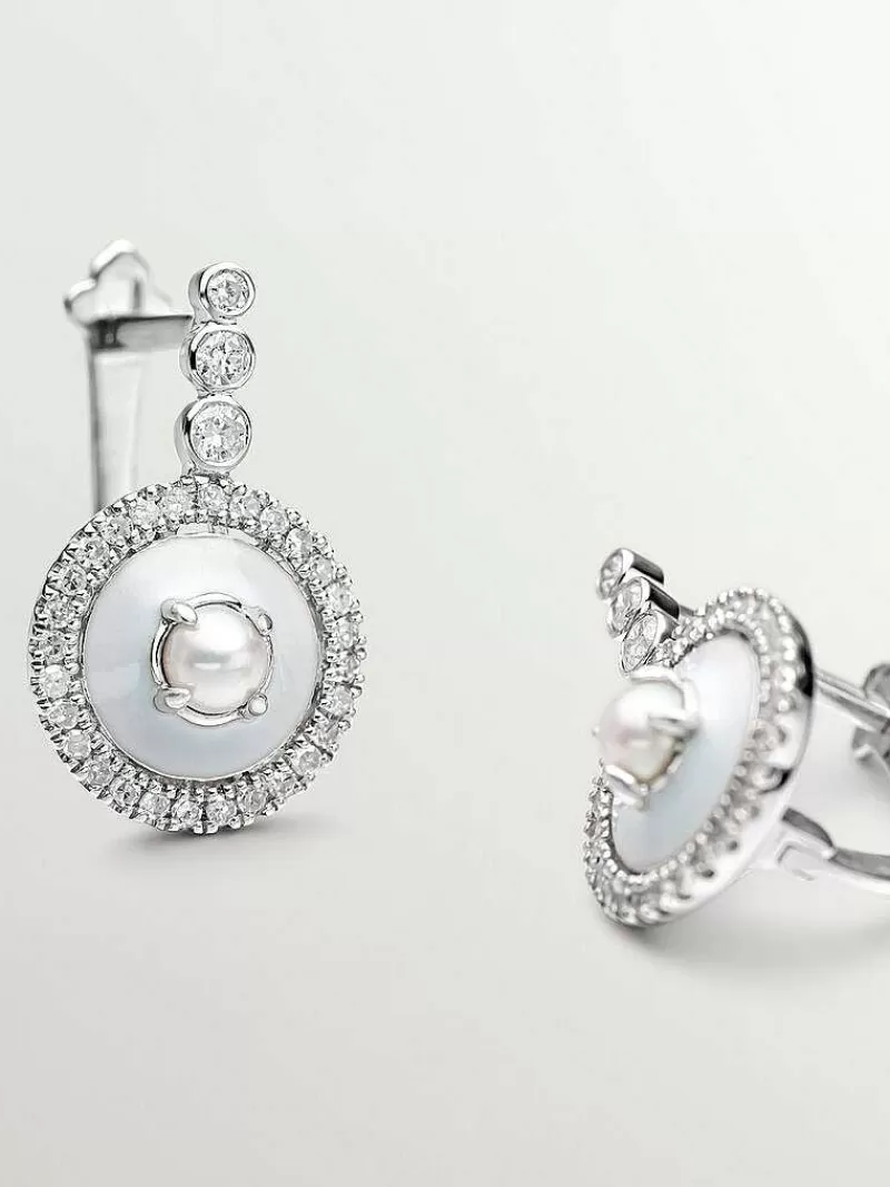 Aristocrazy Pendientes De Plata-Pendientes De Plata 925 Y Oro Blanco De 18K Con Perlas Blancas, Diamantes Blancos Y Esmalte Gris