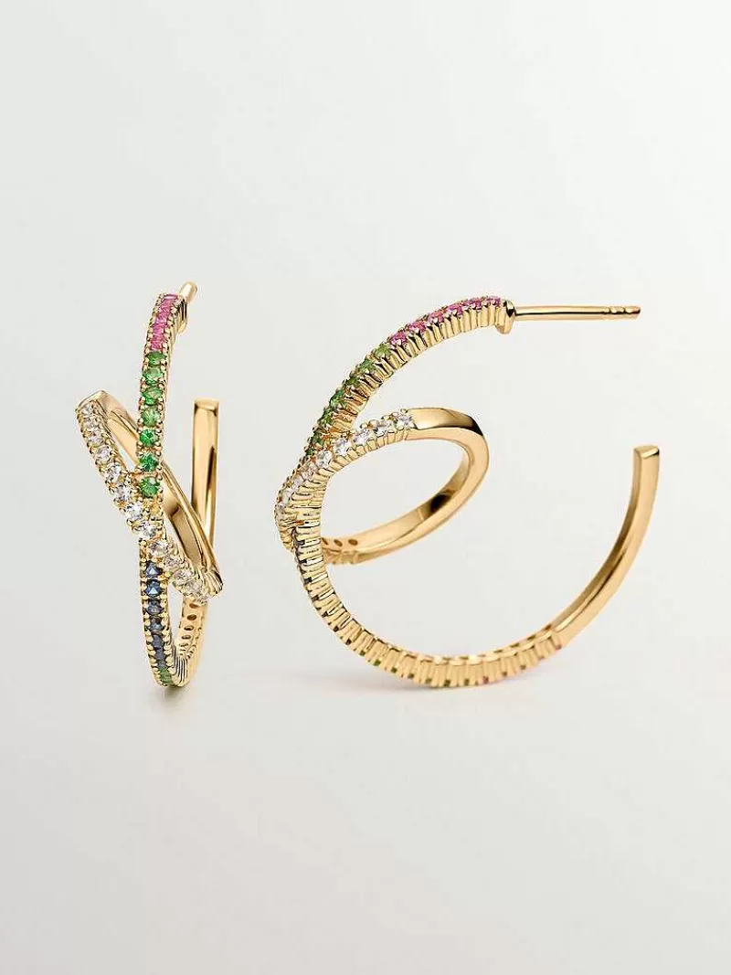 Aristocrazy Pendientes De Aro-Pendientes Doble Aro De Plata 925 Banada En Oro Amarillo De 18K Con Tsavoritas Y Zafiros Multicolor