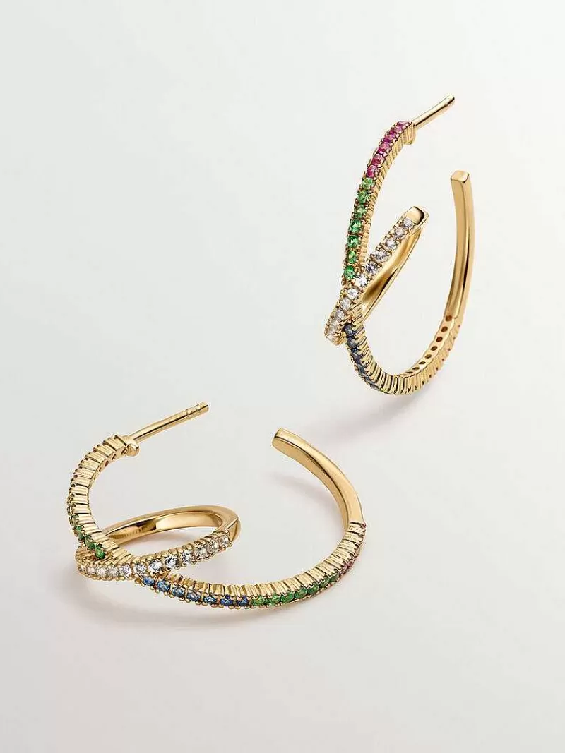 Aristocrazy Pendientes De Aro-Pendientes Doble Aro De Plata 925 Banada En Oro Amarillo De 18K Con Tsavoritas Y Zafiros Multicolor