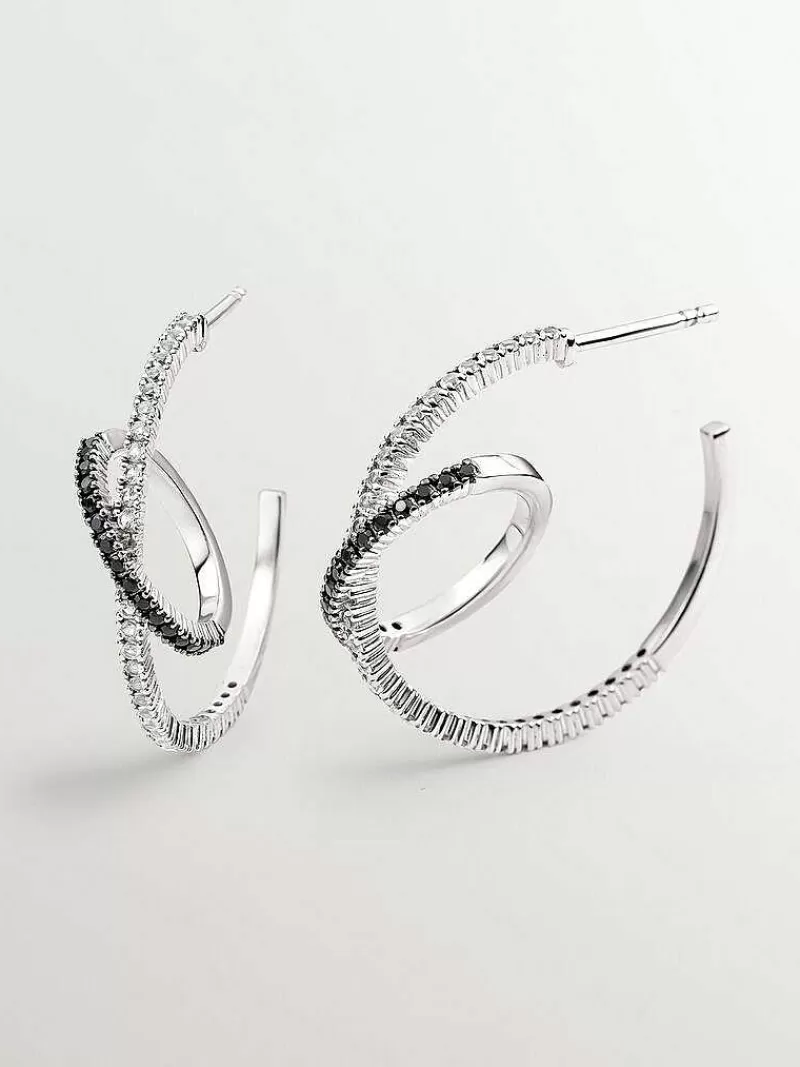 Aristocrazy Pendientes De Aro-Pendientes Doble Aro De Plata 925 Con Topacios Blancos Y Espinelas Negras