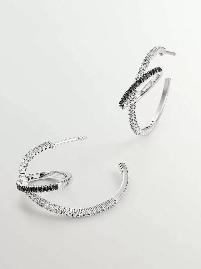 Aristocrazy Pendientes De Aro-Pendientes Doble Aro De Plata 925 Con Topacios Blancos Y Espinelas Negras