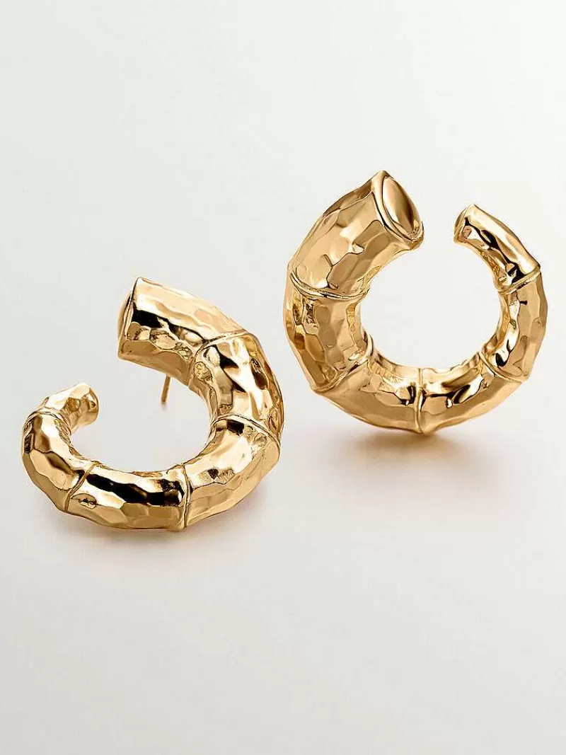 Aristocrazy Pendientes De Aro-Pendientes Grandes De Aro De Plata 925 Banada En Oro Amarillo De 18K Con Textura De Bambu