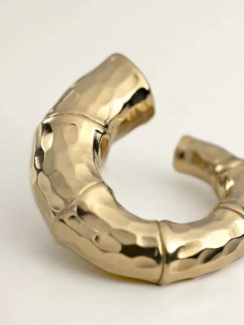 Aristocrazy Pendientes De Aro-Pendientes Grandes De Aro De Plata 925 Banada En Oro Amarillo De 18K Con Textura De Bambu