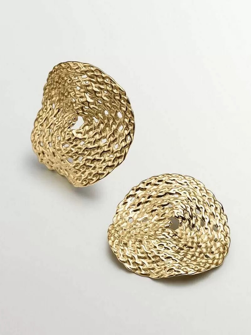 Aristocrazy Pendientes De Plata-Pendientes Grandes De Plata 925 Banada En Oro Amarillo De 18K Con Textura De Mimbre