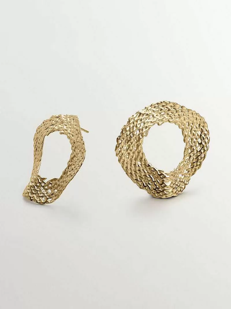 Aristocrazy Pendientes De Plata-Pendientes Grandes De Plata 925 Banada En Oro Amarillo De 18K Con Textura De Mimbre