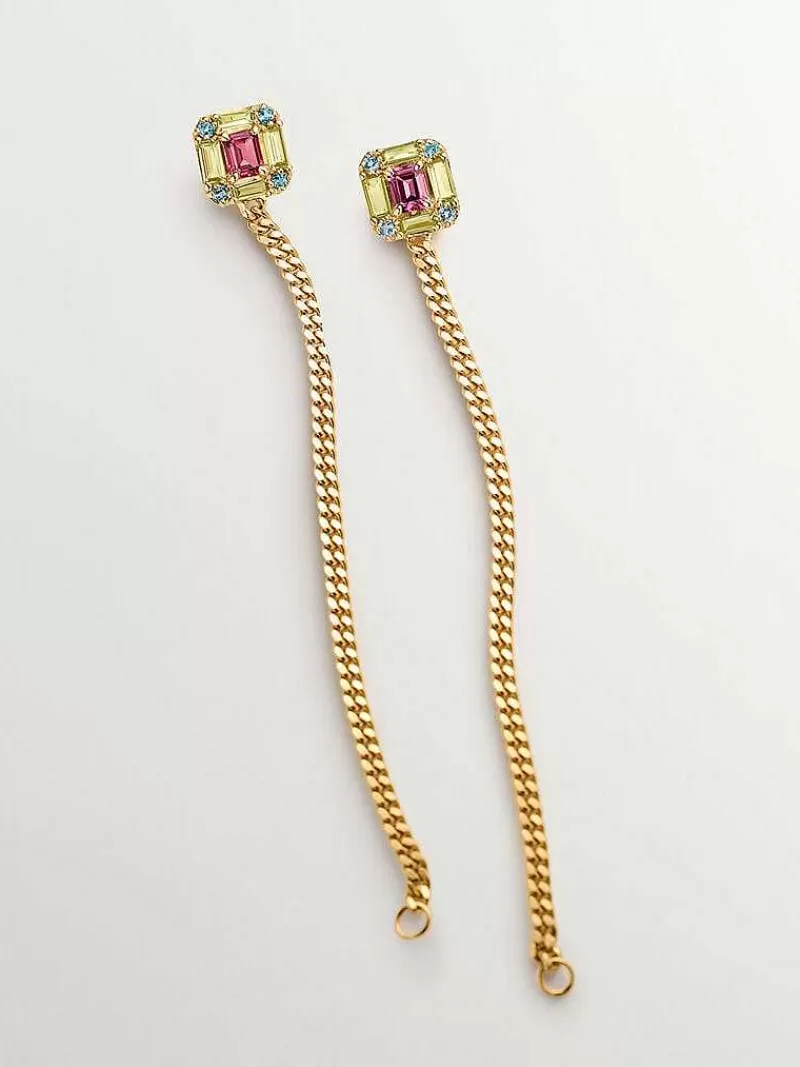 Aristocrazy Pendientes De Plata-Pendientes Largos Cadena De Plata 925 Banada En Oro Amarillo De 18K Con Peridotos, Topacios Y Rodolitas