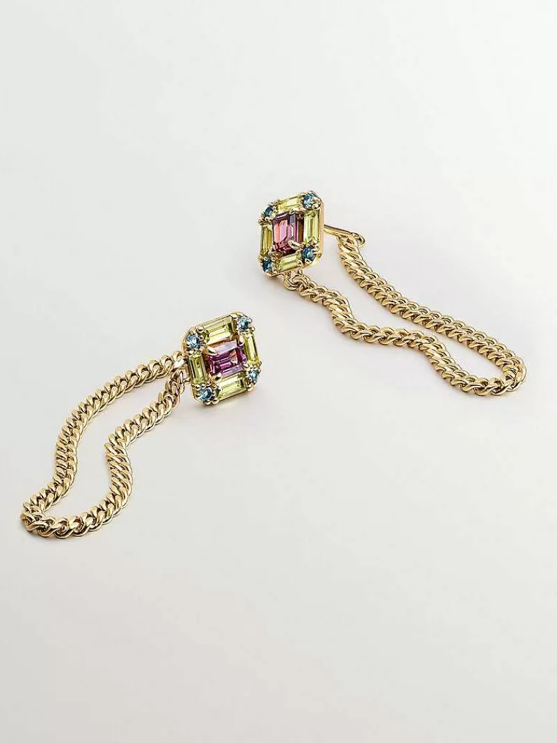 Aristocrazy Pendientes De Plata-Pendientes Largos Cadena De Plata 925 Banada En Oro Amarillo De 18K Con Peridotos, Topacios Y Rodolitas