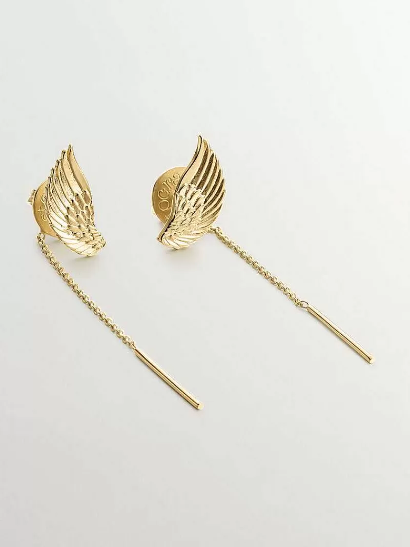 Aristocrazy Pendientes De Plata-Pendientes Largos De Plata 925 Banada En Oro Amarillo De 18K Con Alas