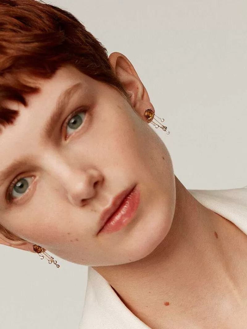 Aristocrazy Pendientes De Plata-Pendientes Largos De Plata 925 Banada En Oro Amarillo De 18K Con Cuarzo Marron Y Topacios Blancos