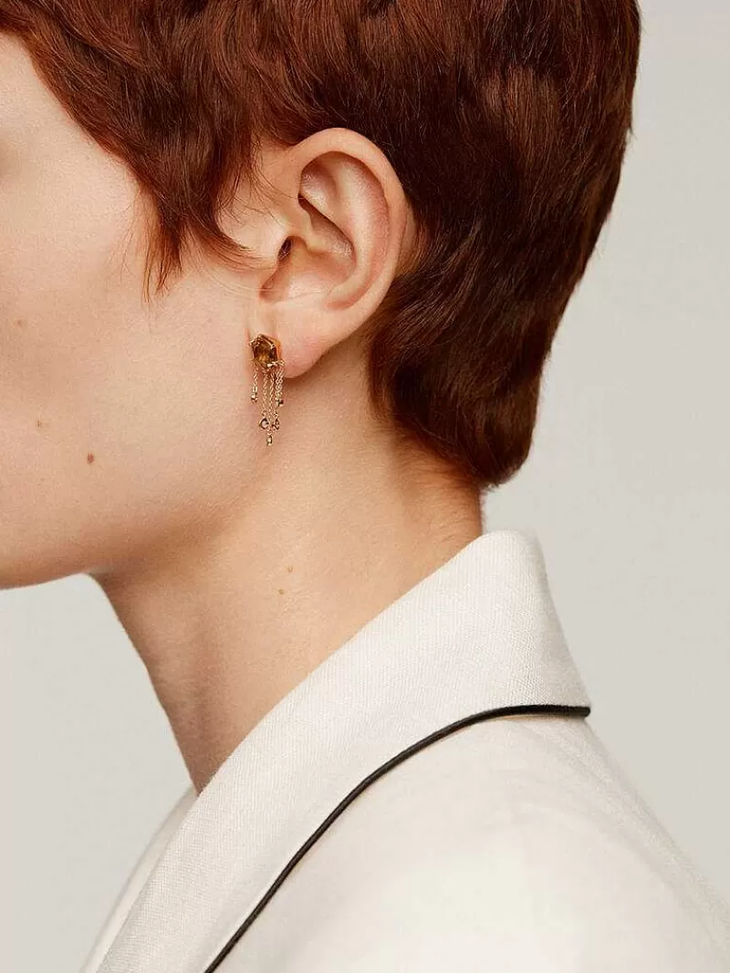 Aristocrazy Pendientes De Plata-Pendientes Largos De Plata 925 Banada En Oro Amarillo De 18K Con Cuarzo Marron Y Topacios Blancos
