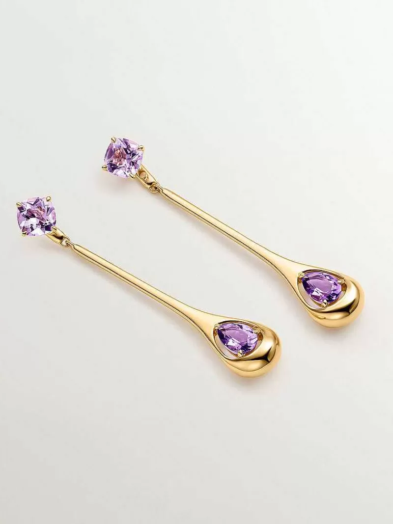 Aristocrazy Pendientes De Plata-Pendientes Largos De Plata 925 Con Amatistas Rosas Y Moradas