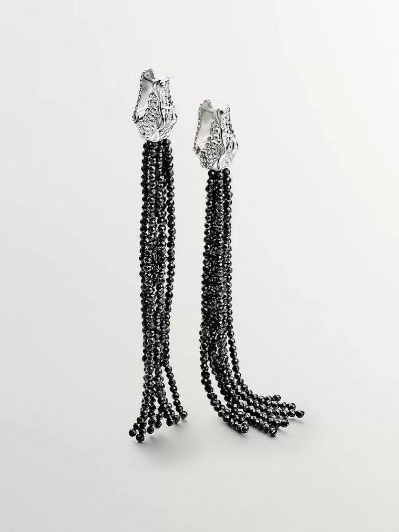 Aristocrazy Pendientes De Plata-Pendientes Largos De Plata 925 Con Forma De Cocodrilo Y Espinelas Negras