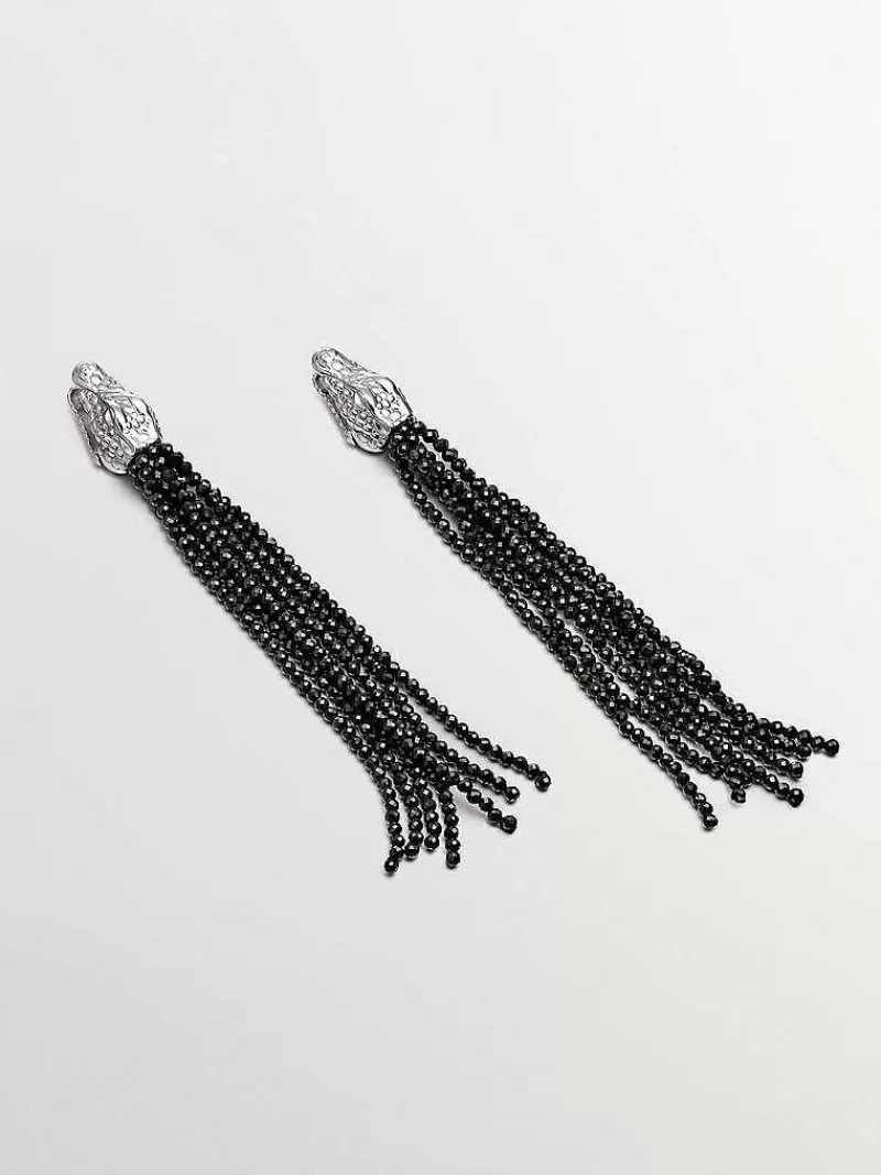 Aristocrazy Pendientes De Plata-Pendientes Largos De Plata 925 Con Forma De Cocodrilo Y Espinelas Negras