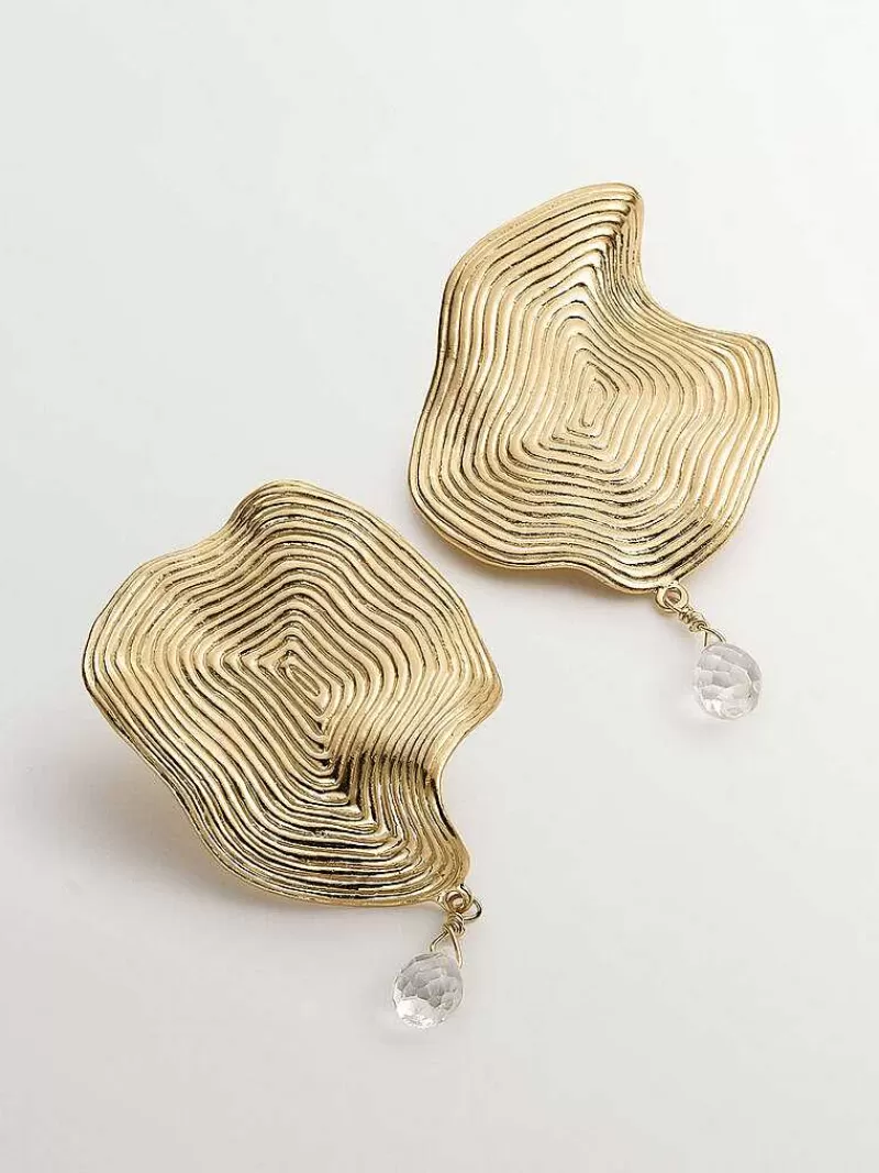 Aristocrazy Pendientes De Plata-Pendientes Ondulados Grandes De Plata 925 Banada En Oro Amarillo De 18K Con Topacio Blanco